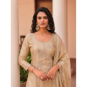 Traje Sharara de Seda Satinada Bordada en Beige para Mujer, Conjuntos de Traje Cómodos para Mujer con Salwar Kameez - Product Image 4