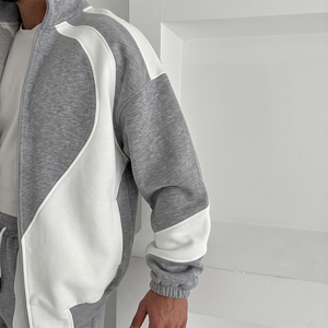 Premium Quality Men's Gray <b>White</b> Color Block <b>Tracksuit</b> Set Stand Collar Zip Up Fleece Jogger Outerwear Casual Autumn Wear - Product Image 5