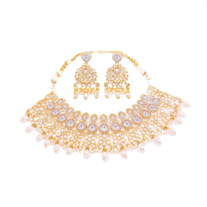 Conjunto de collar y aretes de cuentas Kundan chapados en oro blanco NS619, joyería fina nupcial, conjunto de moda. - Product Image 2