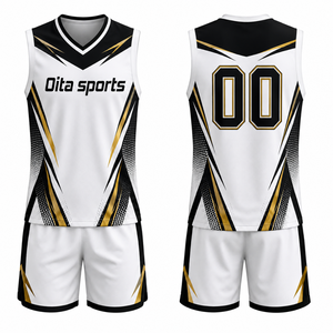 Ensemble Maillot et Short de Volleyball Blanc et Bleu Marine Sans Manches Sublimé – Tenue Sportive Athlétique Personnalisable pour Tournoi d'Équipe - Product Image 1
