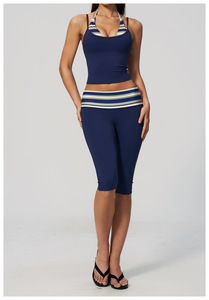 Navy <b>Blue</b> Solid Halter Crop Top High Waist Full Length Yoga Pants 2 Piece Set Breathable Eco-Friendly Durable Spandex Polyester - Product Image 6