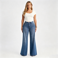 Pantalon en jean taille haute à jambe large, bleu délavé moyen, coupe ample, longueur intégrale, en coton, style décontracté, fermeture boutonnée, motif à pois perlés