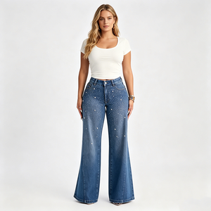 Pantalon en jean taille haute à jambe large, bleu délavé moyen, coupe ample, longueur intégrale, en coton, style décontracté, fermeture boutonnée, motif à pois perlés - Product Image 4