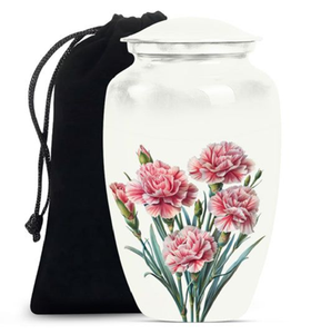 Urna blanca pura adornada con claveles rosas vibrantes para una memoria delicada y lleno de amor. Disponible a precios de mayorista. - Product Image 1