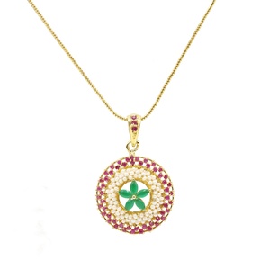 Collar con Colgante Floral RAY FINE ORNATES, Esmeralda, Rubí, Perla, Chapado en Oro, con Aretes a Juego, Joyería Nupcial India, IGI - Product Image 3
