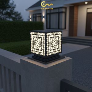 LED Gate <b>Pillar</b> <b>Light</b> Classic Geometric Pattern CM Decor Outdoor Villa Black Powder-Coated Steel Warm <b>Light</b> AC 220V (±10%) 12'' - Product Image 2