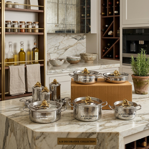 Luxury Hammered Silver Kitchen Collection Stainless Steel Casserole <b>Set</b> Tray & Matching Canisters with Gold Pumpkin Lid for Sale - Product Image 2