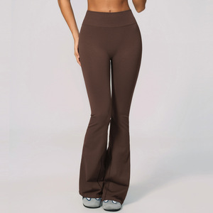 <b>High</b> <b>Waist</b> Full Length <b>Flared</b> Leg Yoga <b>Leggings</b> Solid Blue Seamless Stretch With Logo On <b>Waist</b> For Women - Product Image 2