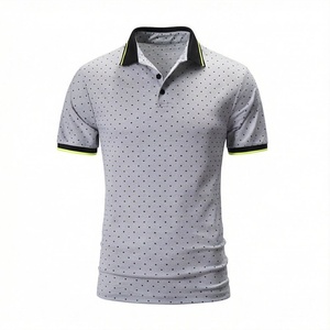 Polo à manches courtes pour homme, imprimé à pois gris, respirant, tricoté, décontracté, coupe classique - Product Image 1