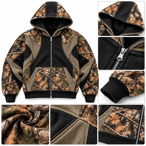 Veste à capuche personnalisée pour homme, camouflage Woodland, fermeture éclair intégrale, panneaux contrastants noirs, ourlet côtelé, streetwear outdoor B2B USA - Product Image 3