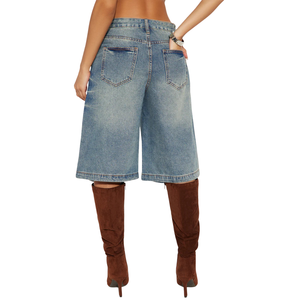 Pantalon large en jean délavé bleu clair pour femme, taille mi-haute, coupe ample, respirant, style vintage, déchiré, décontracté, longueur genou, idéal pour l'été - Product Image 2