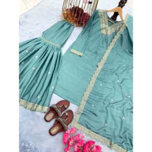 Vêtements indiens et pakistanais de créateur, magnifique ensemble palazzo, haut et dupatta pour un look de soirée - Product Image 1