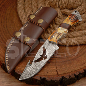 มีดล่าสัตว์เหล็กดามัสกัสแบบ OEM พร้อมด้ามเขาสัตว์  ใบมีดคงที่ สำหรับตั้งแคมป์ กิจกรรมกลางแจ้ง และพกพาประจำวัน พร้อมปลอกหนัง - Product Image 2