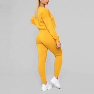 Women Yellow Crew Neck Full Sleeve Solid Color Casual <b>Tracksuit</b> With Drawstring Waist And Side Pockets Regular Fit Autumn Wear - Product Image 3