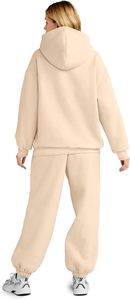 Conjunto Deportivo con Capucha para Mujer, Color Beige, Manga Larga, Estilo Casual, Holgado, Sudadera y Pantalones con Bolsillos Laterales, Ropa de Otoño - Product Image 4