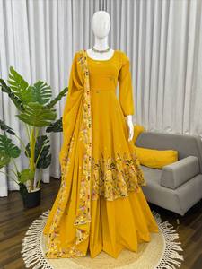 Traje ANARKALI PLAZZO DUPATTA de seda crujiente de secado rápido con bordado de lentejuelas, moderno para fiestas, para todas las estaciones - Product Image 5