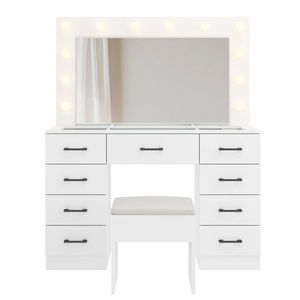Large Lighted 12 LED Mirror Makeup Vanity Desk Set with 9 Drawers Glass Top Vanity Table with Power Outlet - Product Image 5