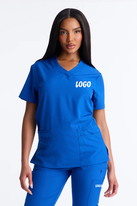 Ensemble de blouses médicales bleues pour femmes, col en V, manches courtes, deux poches, uniforme médical, vêtements de travail d'hôpital avec broderie de logo personnalisée - Product Image 3
