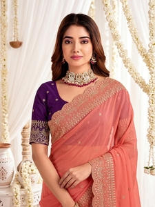 Sari de Seda Coral para Mujer, Blusa Morada, Traje Tradicional Indio para Boda, Largo hasta el Suelo, Corte Regular, Elástico, Protección Solar - Product Image 5