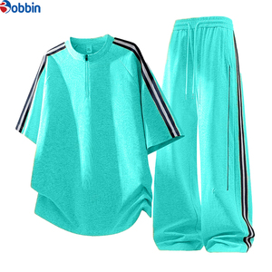 Conjunto Deportivo Unisex de Estilo Moderno, Negro, con Top de Manga Corta con Cierre de Media Cremallera y Rayas, Pantalones Holgados con Cordón Ajustable, Transpirable, Deportivo, para Verano - Product Image 5