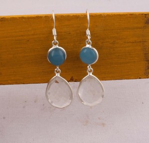 Boucles d'oreilles pendantes en calcédoine bleue naturelle et quartz cristal, argent sterling 925, facettées, multi-pierres, faites à la main, vente en gros - Product Image 1
