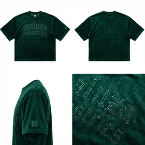 T-shirt streetwear en velours haute couture avec logo gothique en strass, style décontracté urbain hip-hop MALUZA INDUSTRIES - Product Image 6