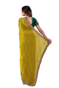 Sari indien traditionnel en soie de chiffon RN, vert, avec blouse brodée et dupatta jaune, pour mariage et fêtes, longueur standard pour femme - Product Image 4