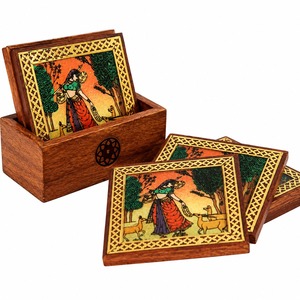 Posavasos cuadrados de madera blanca hechos a mano con estampado de una hermosa niña de pueblo, juego de 6 piezas, plato para beber café/té. - Product Image 1