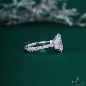 Oval Cut Lab Grown Diamond Three Stone Engagement <b>Ring</b> 14K 18K White Gold Half <b>Moon</b> Side Stone Pave Band Wedding Bridal <b>Ring</b> - Product Image 5