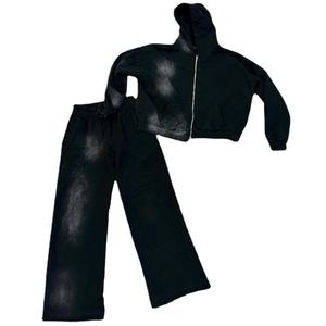 Heavyweight Men'S Tracksuit Cropped Acid Wash <b>Oversized</b> Full Zip up Hoodie and <b>Sweatpants</b> for Men - Product Image 5