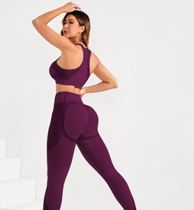 Purple Two Piece Yoga Set Mid Waist <b>Leggings</b> Racerback Crop Top Seamless <b>Knee</b> <b>Length</b> Solid Color Spandex Polyester Eco-Friendly - Product Image 2