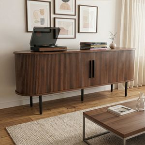 Mueble de TV Moderno de Aglomerado con Relieve de Nogal, con Tablero Ovalado de 147 x 35,58 cm y Puerta Corredera con Rejilla, Centro de Entretenimiento - Product Image 2