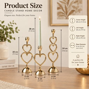 Golden Heart Shape <b>Candle</b> Stand <b>Set</b> Brass Home Decor 20 24 28cm Valentine's Day Decoration - Product Image 1
