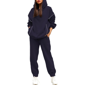 Women's Custom Logo Tracksuit <b>Oversized</b> Hoodie <b>Joggers</b> Set Leopard Print Contrast Piping Pullover Casual Wear 2026 - Product Image 1