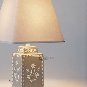 Handmade Bone Inlay <b>Table</b> Lamp with Fabric Shade | Elegant Floral <b>Bedside</b> Lighting Decor - Product Image 4