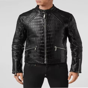 Blouson moto en cuir PU noir pour homme, col montant, motif crocodile embossé, fermeture éclair, coupe ajustée, style automne - Product Image 2