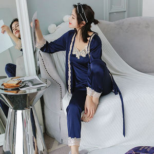Conjunto de Pijama de Seda Suave para Mujer, Camisola de Encaje, Traje de 3 Piezas, Top, Pantalones Largos, Ropa de Dormir - Product Image 1