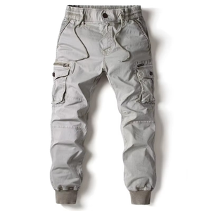 Gray Oxford Polyester Lightweight Dark Casual Cargo Pants Elastic Waist Drawstring Multiple Pockets Summer Joggers - Product Image 1