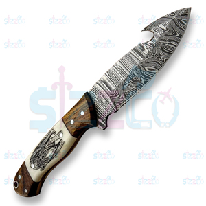 OEM Damascus Steel Hunting <b>Knife</b> Skinner, Engraved <b>Handle</b> Gut Hook Fixed Blade Camping Outdoor EDC <b>Knife</b> with Leather Sheath - Product Image 5