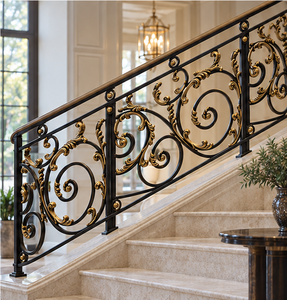 Rampe d'escalier en métal ornemental noir et or avec panneaux à motifs pour balcons courbes, villas et grands intérieurs - Product Image 4