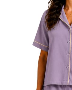 Custom Lavender Purple Women Pajama Set Short Sleeve Button Down Nightwear Soft Breathable Summer Sleepwear Casual Lounge Set - Product Image 3