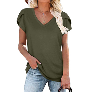 Camiseta Casual de Manga Corta con Cuello en V para Mujer, Corte Ajustado, Color Liso, Anti-Pilling, Transpirable, con Logotipo Personalizable - Product Image 2