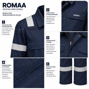 Navy Blue Silver Reflective Industrial <b>Work</b> Coverall Heavy Duty Mechanic Overall with Utility Pockets and Concealed Front Zip - Product Image 2