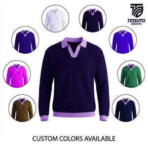 เสื้อโปโลถักแขนยาวผู้ชายสั่งทำขายส่ง คอเสื้อตัดกัน คอวี เสื้อสวมหัวลำลอง ผู้ผลิต OEM ODM - Product Image 4