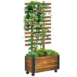 Fioriera Rialzata in Legno con Traliccio e Angoli in Metallo, Ruote per Patio, Giardino o Terrazza - Forniture per Giardinaggio - Product Image 1