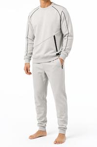 Sweat-shirt pour homme gris clair à col rond, coupe classique, couleur unie, poche zippée, style décontracté, en coton tricoté, style automne, faible MOQ - Product Image 5