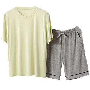 Ensemble de pyjamas pour hommes, respirant, tricoté, manches courtes, pantalon, pyjama de nuit, vêtements de loisirs à la maison, fibre régénérée en élasthanne - Product Image 1