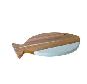 Planche à découper en bois d'acacia et marbre blanc, pierre grise avec design en bois et poignée et sangle en corde pour la préparation de fromages et charcuteries - Product Image 3