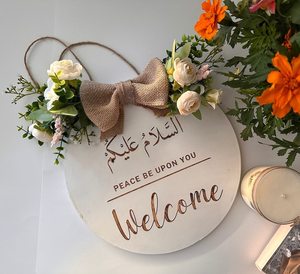 Round <b>Wooden</b> Welcome <b>Sign</b> With Arabic Peace Text Wall Decor Indoor Entryway Rustic <b>Home</b> Decoration Handmade - Product Image 2