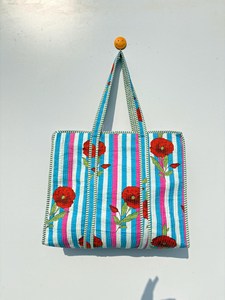 Designer <b>White</b> Blue Cotton Tote <b>Bag</b> With Red Floral <b>Hand</b> print Bohemian Style Casual Zipper Shopping Travel Handbag for Women - Product Image 1